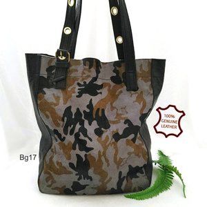 OneKg Vtg Calf Hair Leather Black Tote Grey Brown Camo Tall Shoulder Shopper Bag